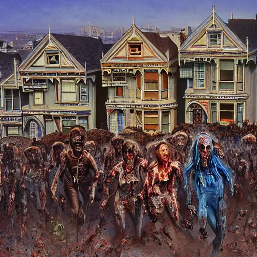 Image similar to painted ladies in san francisco swarmed by an army of zombies. painting by michael walen and bruce pennington.