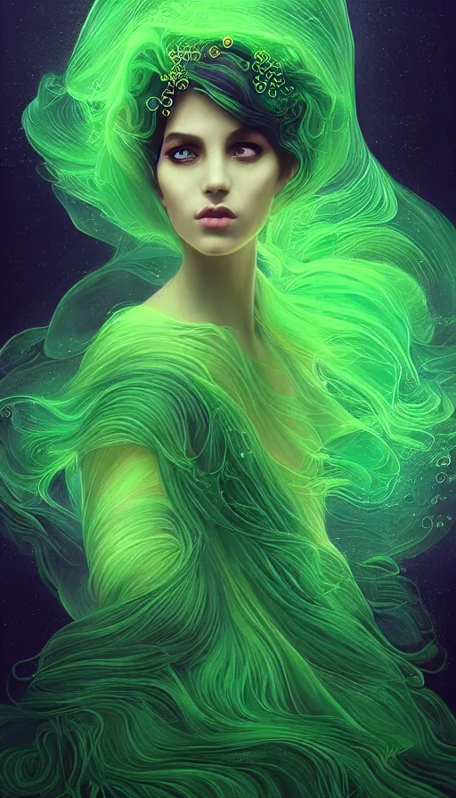 Prompt: portrait of magical green dj , dark fantasy, gradient green black, dreamy and ethereal, (colour) eyes, one head, golden ratio, peaceful expression, ornate frilly dress, fantasy, intricate, elegant, rainbow bubbles, highly detailed, digital painting, artstation, concept art, smooth,b sharp focus, illustration, art by artgerm and greg rutkowski and alphonse mucha