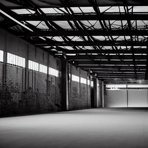 Image similar to an empty warehouse at night, eerie atmosphere, white hue