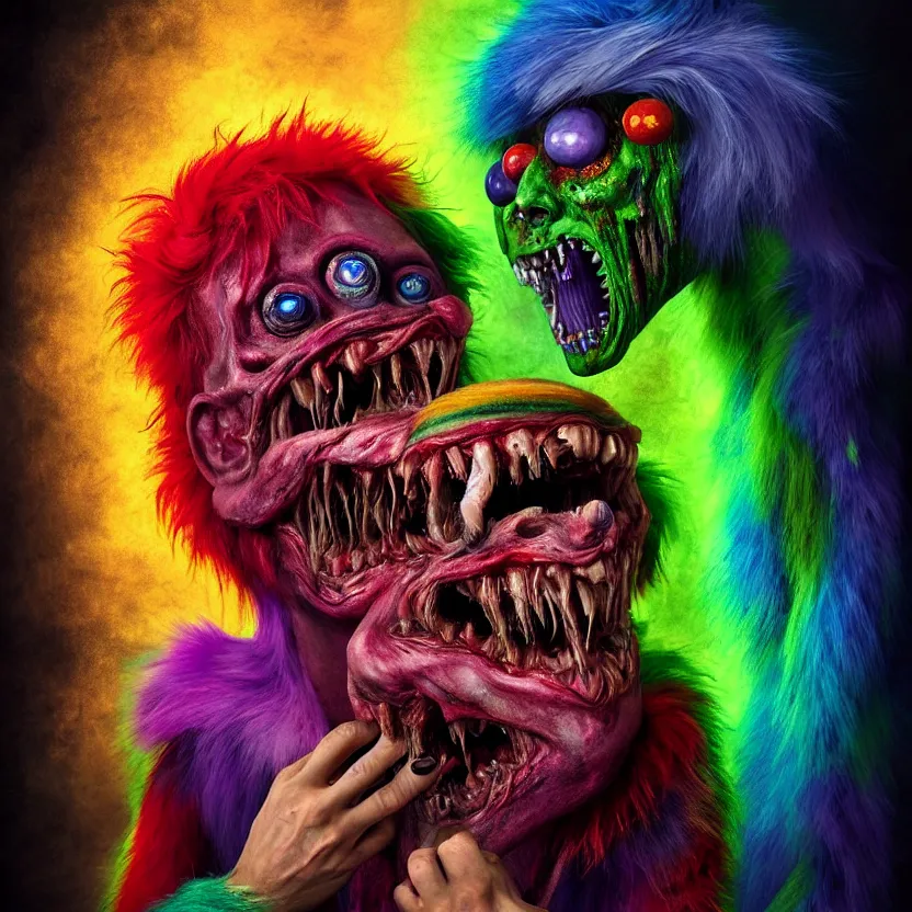 Image similar to a beautiful, colorful, flesh - eating, whimsical monster with rainbow fur, eating a terrified man, by alexandro judorowski and basia tran, fear, morbid, nightmare, supernatural, 8 k, digital art, highly detailed, chiaroscuro, creepy, terrifying