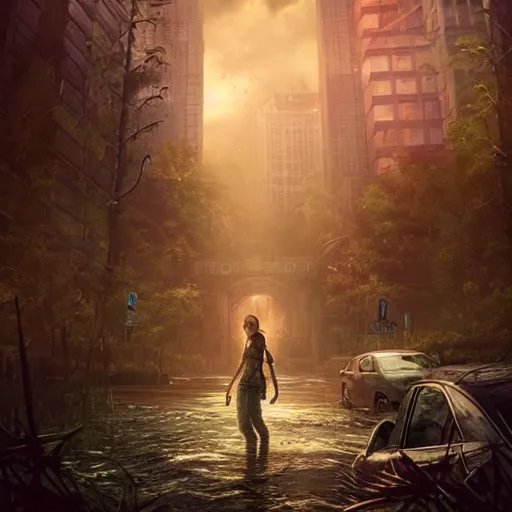 Image similar to Last of Us, theme by Ross Tran, extravagant, dark ambient, beautiful, UHD, lunatic, hyperrealism, Surreal and Fantasy Art, absurdist, absurd, parallax, hypermodernism