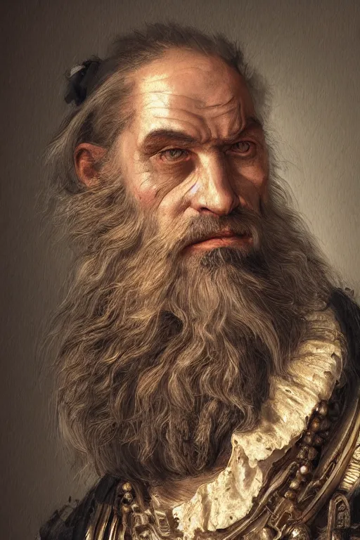 Image similar to portrait, headshot, digital painting, of a old 17th century, bearded cyborg merchant, amber jewels, baroque, ornate clothing, realistic, hyperdetailed, chiaroscuro, concept art, art by Franz Hals