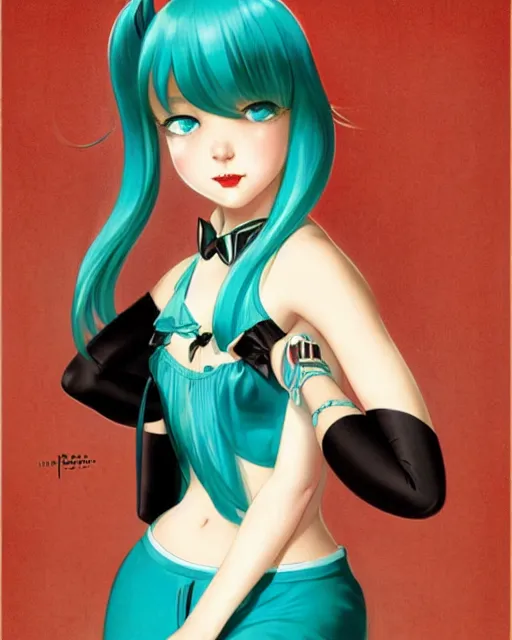 Image similar to Hatsune Miku by Gil Elvgren and Daniela Uhlig