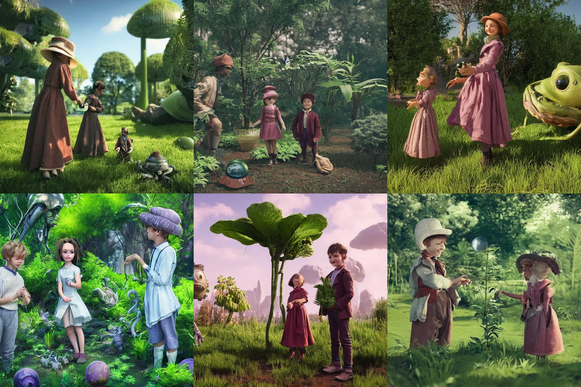 Prompt: a girl and a boy standing next to some alien plants, looking happy, wearing 1860 era clothes, they are playing with their small pet alien creature, in a park on a alien planet, extremely high detailed, ultra realistic facial details, ultra photorealistic raytracing, octane, 8k