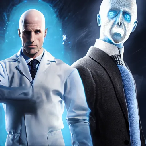 Image similar to A still of Dr. Manhattan as John Constantine, award winning photo, unreal engine, highly detailed features