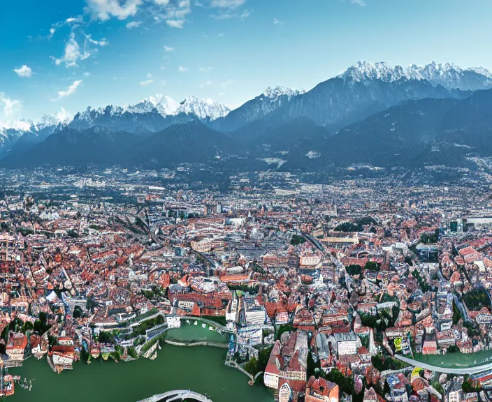 Image similar to 4 k hd, high detail panoramic photograph of innsbruck, shot with sigma f / 4. 2, 2 5 0 mm sharp lens, wide shot, volumetric lighting, high level texture render, unreal engine