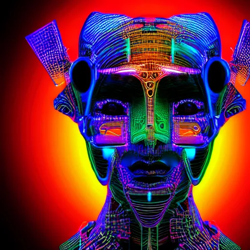 Image similar to hyperdetailed portrait of a psychedelic cyberpunk robot head, accentuated with colorful glowing holy geometry, 8 k, symetrical, halluzinogenic, meditative, black background