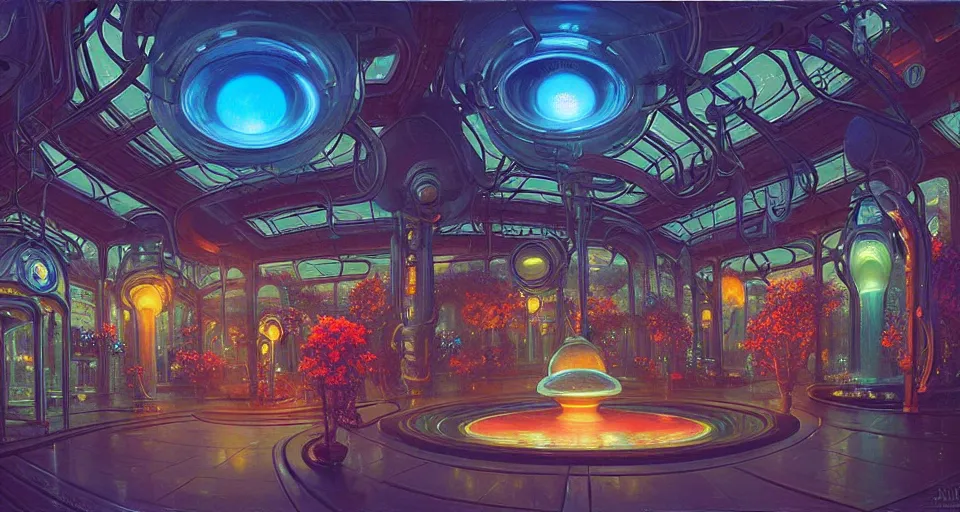 Image similar to fish eye lens a bright minimalist bioluminescent oil painting by donato giancola, warm coloured, cinematic scifi luxurious futuristic foggy steam filled victorian garden mall interior with microscopy radial windows flowers growing out of pretty bulbous ceramic fountains, gigantic pillars and flowers, maschinen krieger, beeple, star trek, star wars, ilm, atmospheric perspective