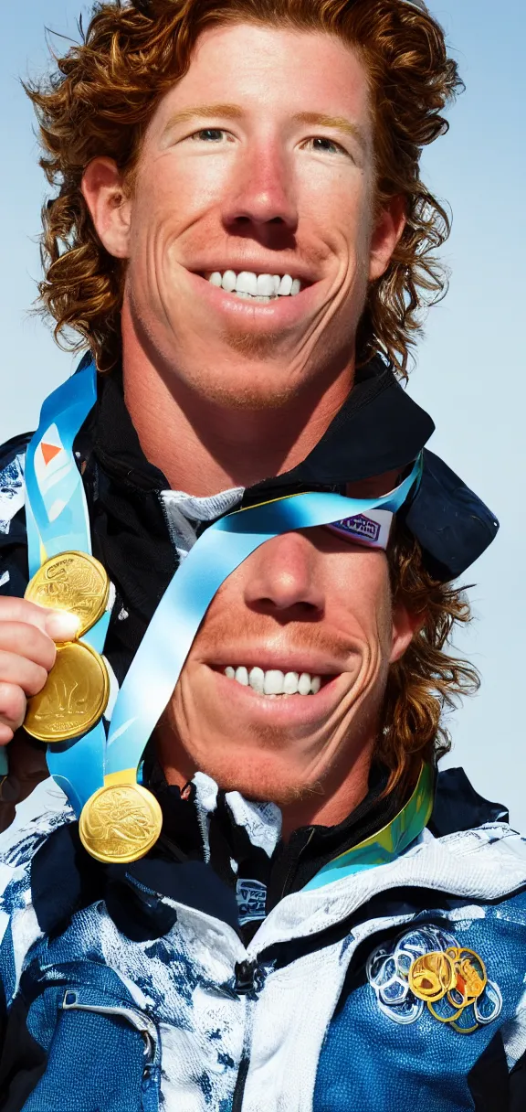 Prompt: high quality portrait of shaun white holding a gold medal with blue sky above him, rule of thirds, full body shot, sharp focus, extremely detailed, studio photography