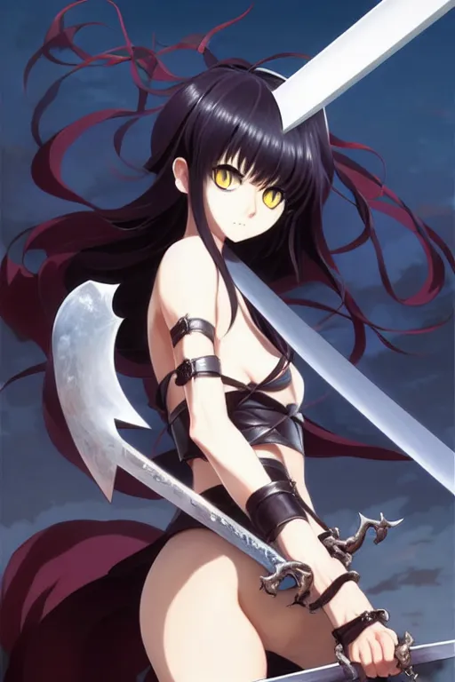 Image similar to a full body of the catgirl holding guts great sword, finely detailed features, closeup at the faces, perfect art, gapmoe yandere grimdark, trending on pixiv fanbox, painted by miura kentaro greg rutkowski makoto shinkai takashi takeuchi studio ghibli, akihiko yoshida