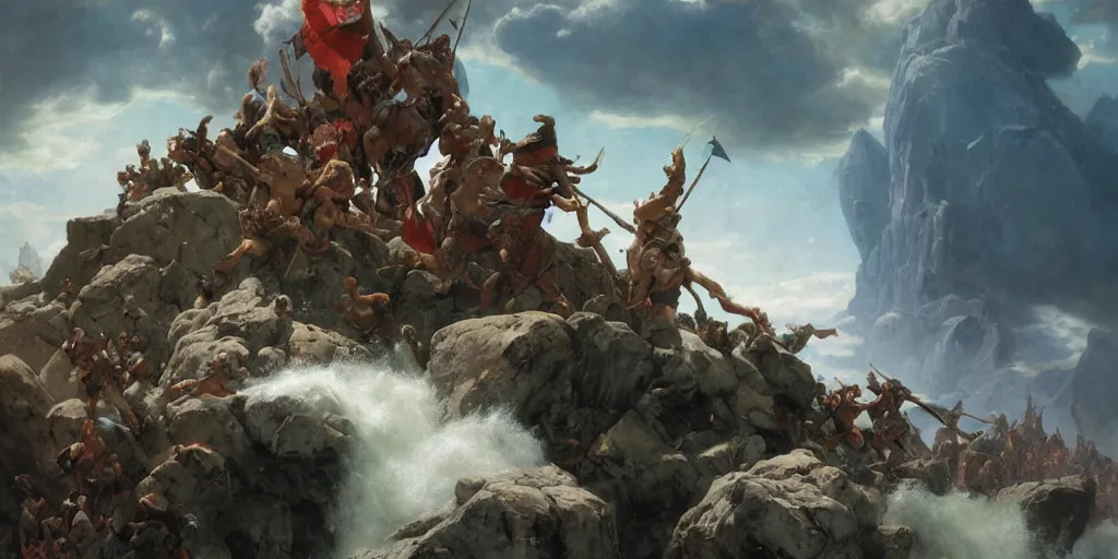 Image similar to barbarians, norse gods, fighting epic battle on rocks floating in the sky, celestial fortress in the clouds, thunder, good composition, artstation, 4 k illustration sharp focus cloceup sunlit painted by ruan jia raymond swanland lawrence alma tadema zdzislaw beksinski norman rockwell tom lovell alex malveda greg staples