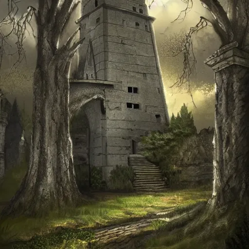 Prompt: an archaic tower looming over a grove of ancient trees, realistic digital painting, medieval fantasy, very detailed