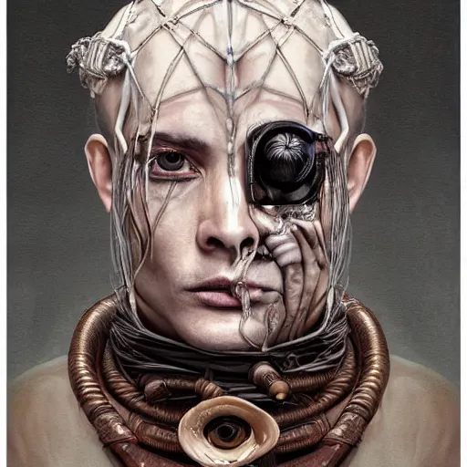 Image similar to portrait of a Shibari rope wrapped face and neck, headshot, insanely nice professional hair style, dramatic hair color, digital painting, of a old 15th century, old cyborg merchant, amber jewels, baroque, ornate clothing, scifi, realistic, hyperdetailed, chiaroscuro, concept art, art by Franz Hals and Jon Foster and Ayami Kojima and Amano and Karol Bak,