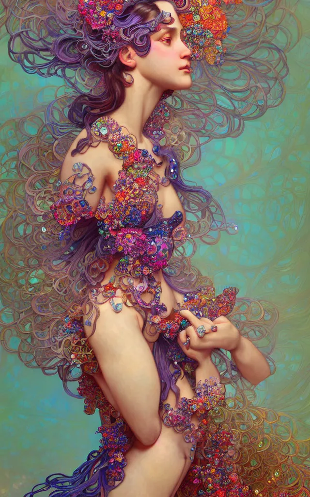 Prompt: a stunning rendition of full-body female sculpture made of fractal gems, fractal crystals, very intricate, hyper realistic, octane render, very colorful, vibrant, cinematic, amazing details, by james jean, by alphonse mucha, by ross tran