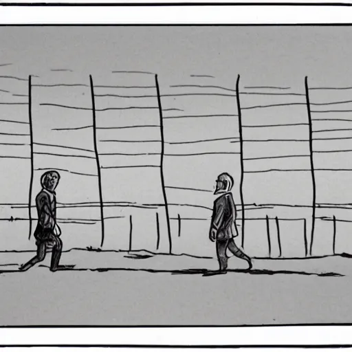 Image similar to storyboard frame of pov of a man walking on the berlin wall