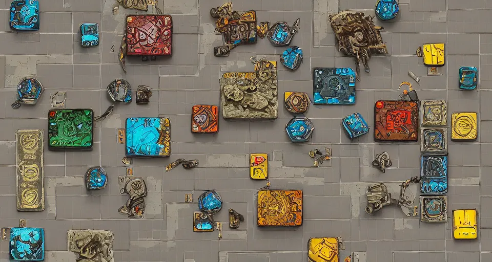 Image similar to Dungeons and Dragons top down dugeon tile, board game, maschinen krieger, ilm, beeple, iron smelting pits, high tech industrial, saturated colours