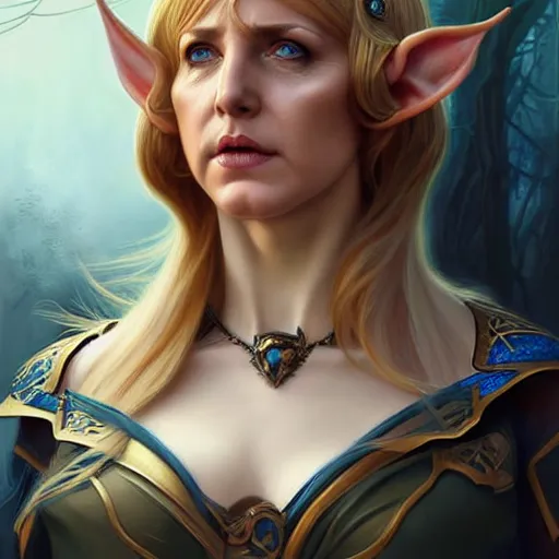 Image similar to half elf sorceress looking like angela merkel, D&D, blue eyes, blonde hair, fantasy, intricate, elegant, highly detailed, digital painting, artstation, concept art, smooth, sharp focus, illustration, art by artgerm and greg rutkowski and alphonse mucha