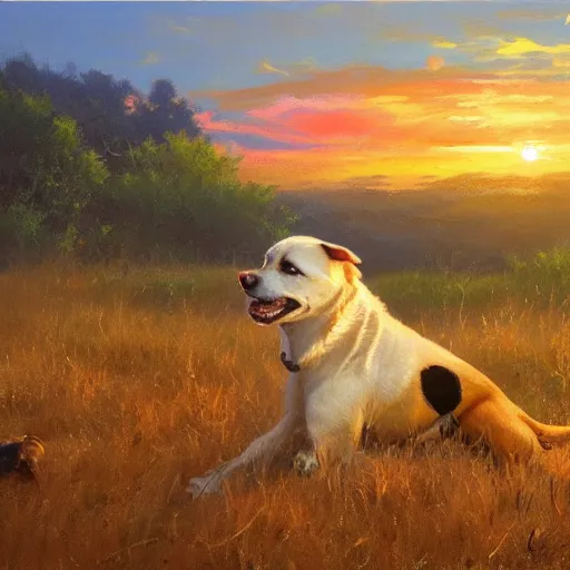 Image similar to a dog watching a beautiful sunset, paint by craig mullins