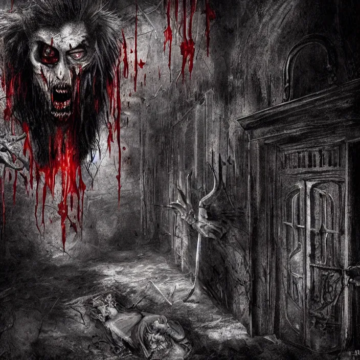 Image similar to gritty horrific demonic vampire lurking in the shadows, corner of the room, while blood flows out from below, sharp focus, 4 k ultra hd, fantasy dark art, apocalyptic art