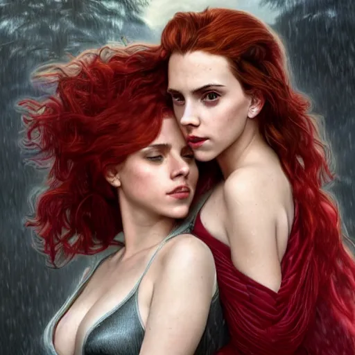 Image similar to a highly detailed portrait of scarlett johansson and emma watson and christina hendricks as polyamorous red haired vampire queens kissing in the rain and wearing a blood red dress, epic fantasy, viewed in profile from far away, ultrawide lens, art by artgerm and greg rutkowski and alphonse mucha, volumetric lighting, 4 k resolution, trending on artstation, masterpiece