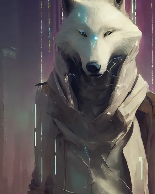 Image similar to a beautiful portrait of a handsome male anthropomorph white wolf wearing a hoodie in cyberpunk city. character design by cory loftis, fenghua zhong, ryohei hase, ismail inceoglu and ruan jia. artstation, volumetric light, detailed, photorealistic, rendered in octane