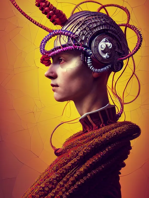 Image similar to colour caravaggio style photography of highly detailed beautiful woman with 1 0 0 0 years perfect face and wearing detailed ukrainian folk costume designed by taras shevchenko also wearing highly detailed retrofuturistic sci - fi neural interface designed by josan gonzalez. many details in style of josan gonzalez and mike winkelmann and andgreg rutkowski and alphonse muchaand