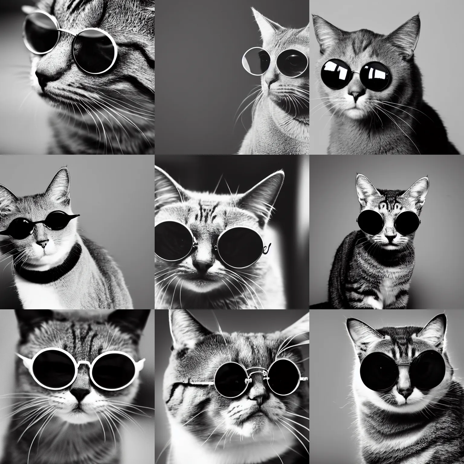 Prompt: a grayscale photo of a cat with round sunglasses on dark background