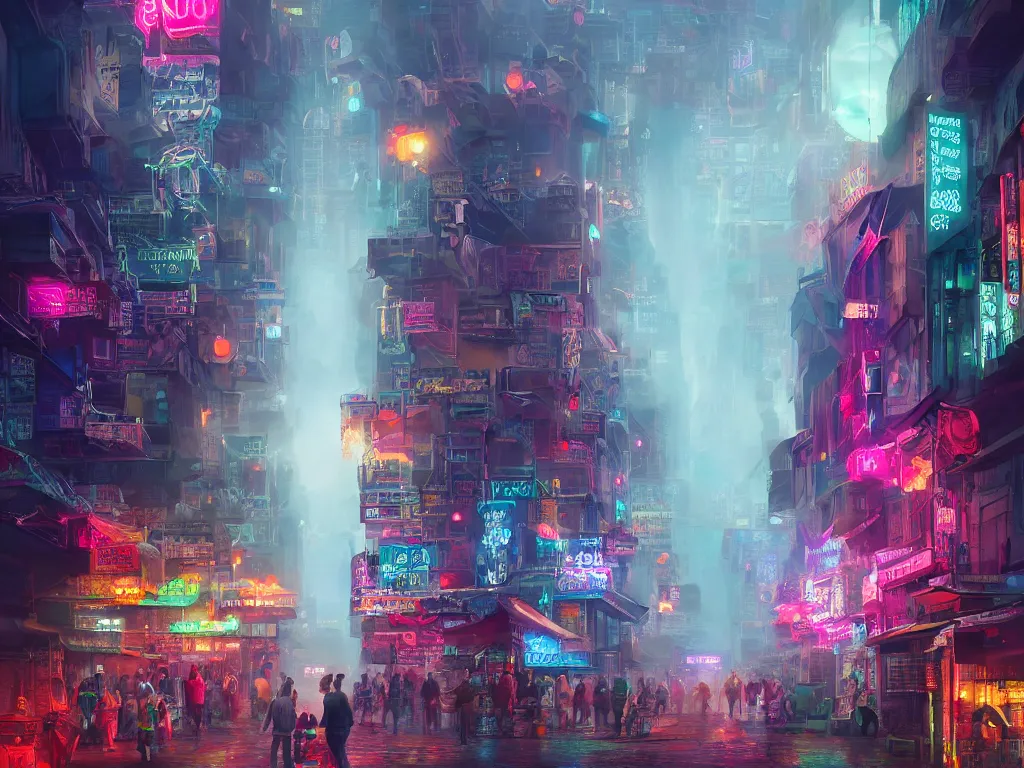 Image similar to A lively city full of mystery and secrets within the fog, holograms creating spirits that roam the streets, neon market signs, bright technological lights, highly detailed, matte painting, intricate detail, trending on artstation