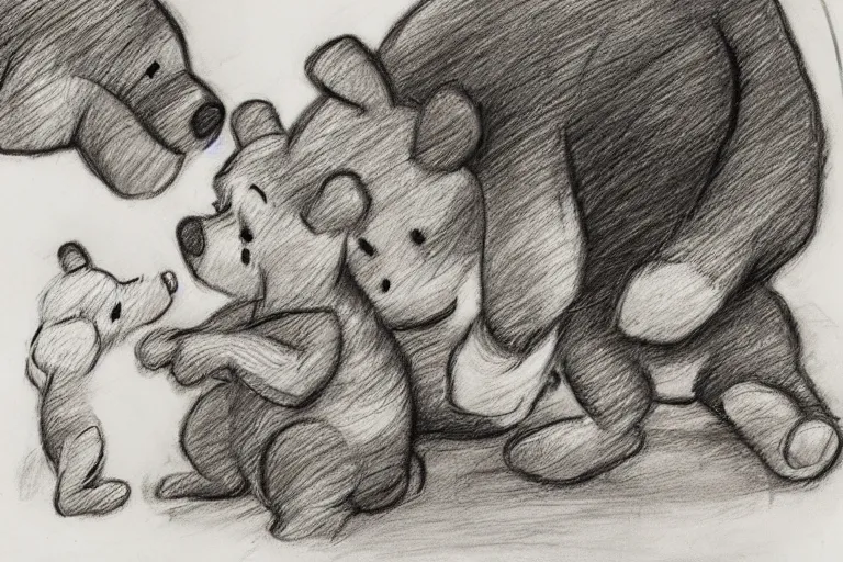 Prompt: winnie the pooh and tigger eating piglet, pencil sketch, high detail, hyper realistic,