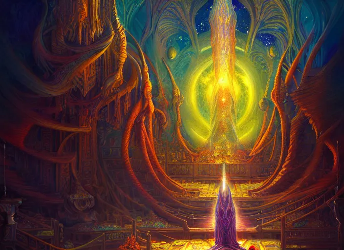 Prompt: a beautiful painting of a large warlock shrine shrouded by mystic nebula magic in an endless temple library by moebius and android jones, oil on canvas sharp, details, hyper - detailed, hd, hdr, 4 k, 8 k