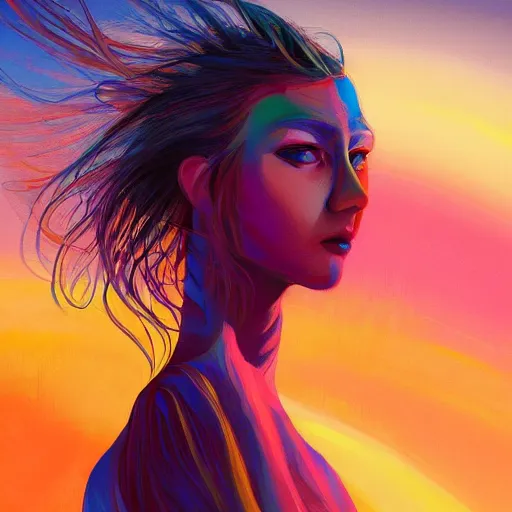 Prompt: colorful character portrait of a woman in a dark desert lit by the stars, wispy flowing hair, highly detailed face, very intricate, symmetrical, cinematic lighting, award - winning epic painting, painted by mandy jurgens, pan futurism, dystopian, bold colors, dark vibes, cyberpunk, groovy vibe, anime aesthetic, featured on artstation