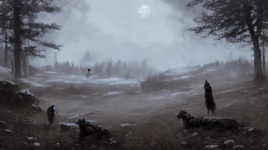 Prompt: a lone werewolf in a stunning landscape by jakub rozalski