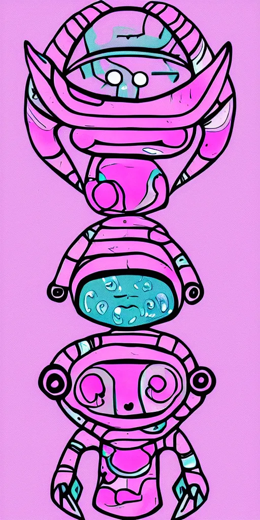 Image similar to cute alien designed by Polynesians, pink background, digital art