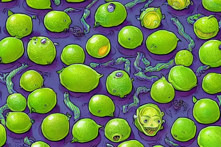 Prompt: limes by lovecraft by tim shumate, 8 k, highly detailed, concept art, cmyk colors