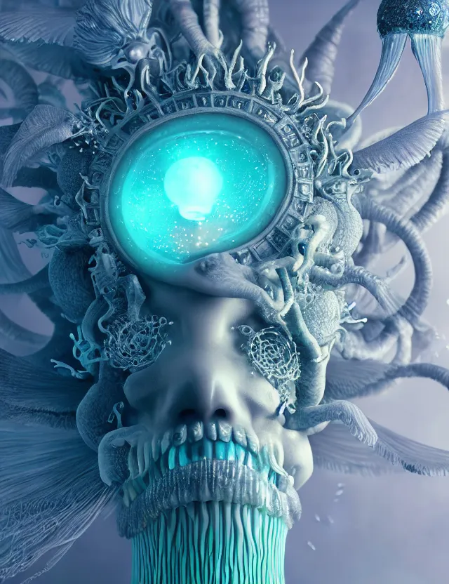 Image similar to goddess macro close - up portrait wigh crown made of ram skull. betta fish, jellyfish phoenix, bioluminiscent, plasma, ice, water, wind, creature, super intricate ornaments artwork by tooth wu and wlop and beeple and greg rutkowski