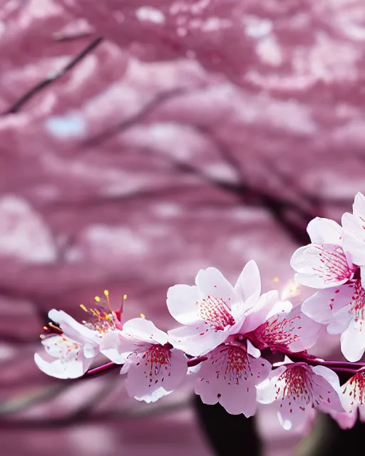 Image similar to hyperrealistic cherry blossoms melting! goo! robert steven connett digital painting hard daylight 8k high angle shallow depth of field