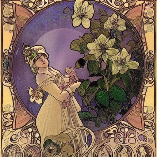 Prompt: Alice in Wonderland,Diamonds Blaze,Rose twining,out of time and space,dreamy, eternity, romantic,highly detailed,in the style of Alphonse Maria Mucha, night lighting