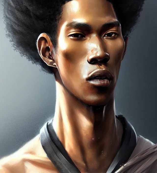 Image similar to portrait of a man by greg rutkowski, he is about 2 5 years old, mixture between afroamerican and japanese, afro hair, geisha tatoos, very tall and slender, he is wearing a futuristic police gear, highly detailed portrait, digital painting, artstation, concept art, smooth, sharp foccus illustration, artstation hq