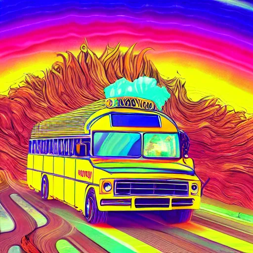 Prompt: long blond haired hippy drives school bus through psychedelic dreamscape skyscape detailed trippy trending on artstation colourful