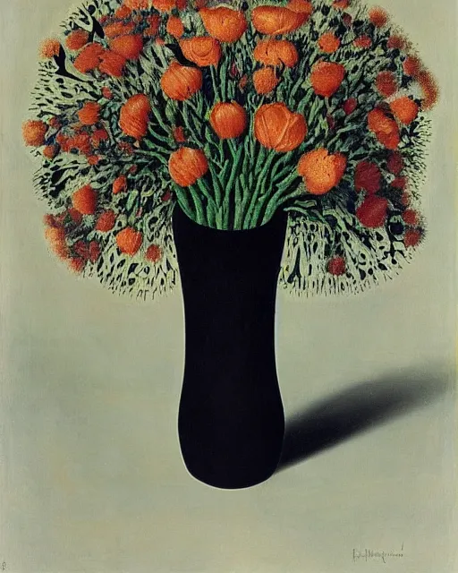 Prompt: a vase of flowers by h. r. giger and rene magritte