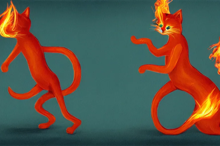 Image similar to a high detail paint of Two cats dancing around flaming earthenware, in simple background, concept art, mad painting