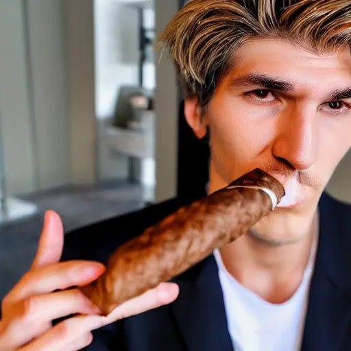 Image similar to a closeup photo of handsome gigachad xqc smoking a cigar