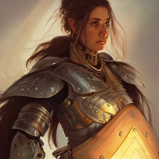 Image similar to portrait of a rugged female as a bruised knight with a shield and heavy chronos armor, fantasy, intricate, headshot, highly detailed, digital painting, artstation, concept art, sharp focus, cinematic lighting, illustration, art by artgerm and greg rutkowski, alphonse mucha, cgsociety