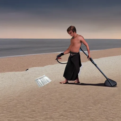 Image similar to anakin skywalker vacuuming the beach for sand, 4k, photorealistic,