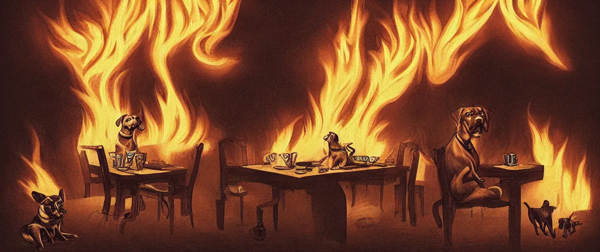 Image similar to a photograph (flash on) of a huge fire on a dining room in the background, in the foreground a relaxed anthropomorphic dog surrounded by flames, sitting on a wooden chair at a table (no fire at all there), there is a cup of coffee on the table, a lot of flames behind the dog, black smoke instead of the ceiling, no watermark