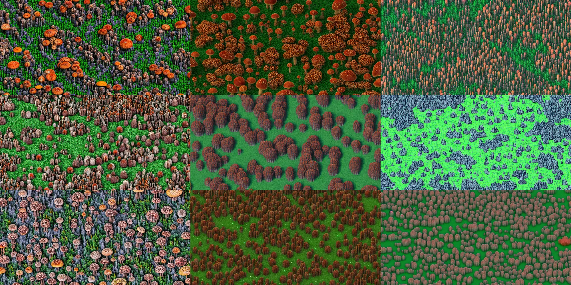 Prompt: pixel sorted, datamoshed image of a norwegian countryside full of fungus infected bear creatures that grow like mushrooms and gnash and claw their prussian and thalo spindly spores with saliva slicked teeth