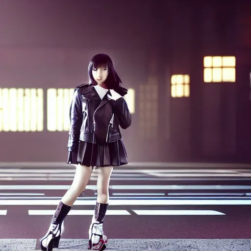 Image similar to a dynamic, epic cinematic 8K HD movie shot of a japanese young J-Pop idol girl wearing leather jacket, miniskirt, nylon tights and high heels boots. Motion, VFX, Inspirational arthouse