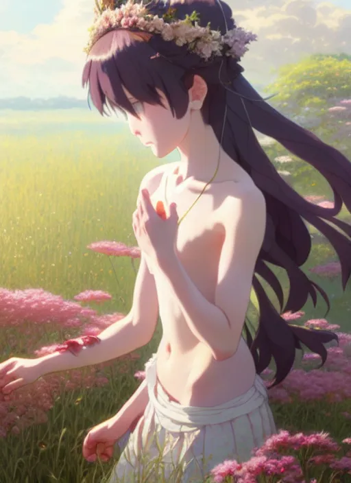 Image similar to a film still portrait of nymph girl with crown of flowers, finely detailed features, perfect art, trending on pixiv fanbox, painted by greg rutkowski makoto shinkai takashi takeuchi studio ghibli, akihiko yoshida,