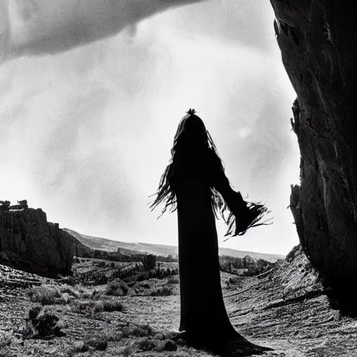 Image similar to 1 9 7 0's artistic spaghetti western movie, a woman in a giant billowy wide flowing waving dress made out of white smoke, standing inside a dark western beautiful rocky scenic landscape, volumetric lighting, backlit, moody, mercurial, atmospheric