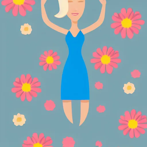 Image similar to a woman on top of a light blue flower, flat design, flat colors